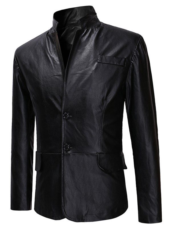 

Two Buttons Stand Collar PU Leather Jacket, Black