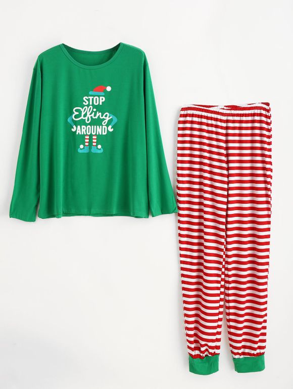 Ensemble de pyjama rayé à grande taille avec imprimé de Noël - Vert profond 1X