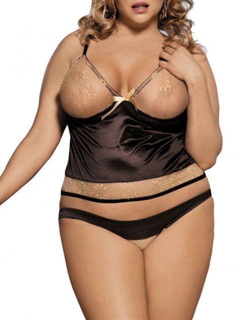 48% OFF 2019 Plus Size See Through Color Block Teddy In BLACK | DressLily