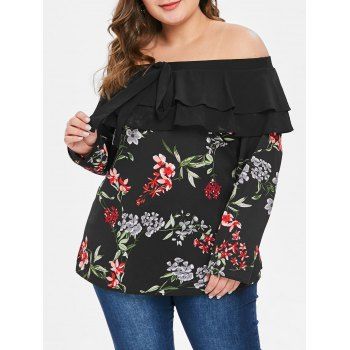 

Plus Size Off Shoulder Long Sleeves Floral Print Blouse, Black