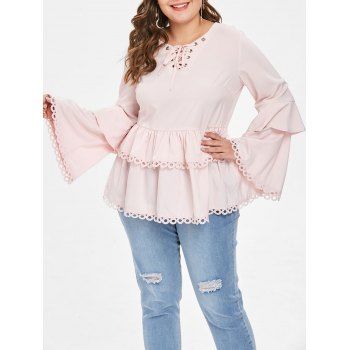 

Plus Size Lace Up Flare Sleeves Frill Blouse, Light pink