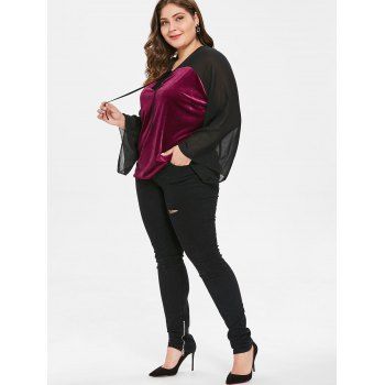 

Mesh Panel Plus Size Velvet Top, Red wine