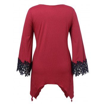 

Plus Size Flower Pattern Patchwork Handkerchief T-shirt, Red wine