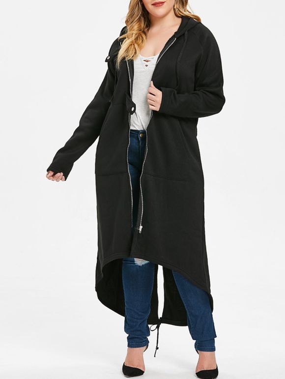 Manteau à Capuche Long de Grande Taille avec Bouton - Noir 3X