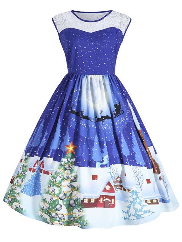 Robe de Noël Ajustée Evasée Vintage Imprimée - Bleu M