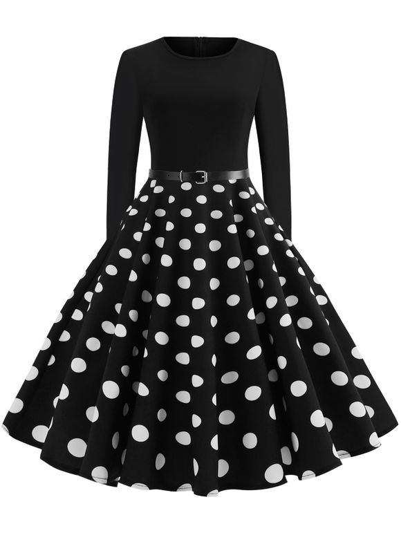 Vintage Long Sleeve Polka Dot Pin Up Dress - BLACK XL