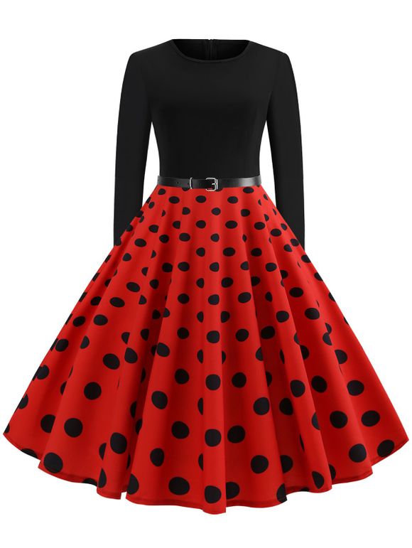 Vintage Long Sleeve Polka Dot Pin Up Dress - RED 2XL