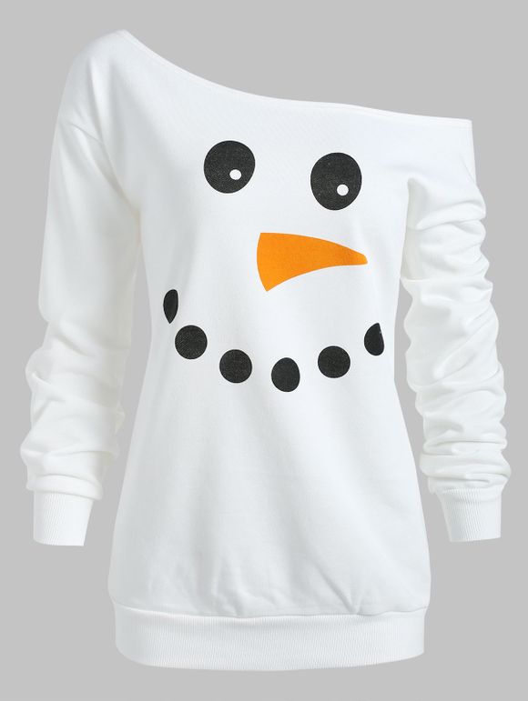 Christmas Slash Shoulder Snowman Face Sweatshirt - MILK WHITE L