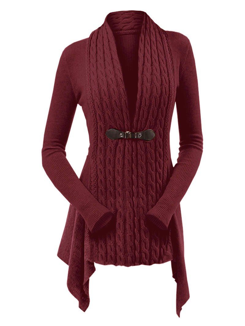 Cable Knit Buckle Asymmetrical Cardigan - RED WINE M