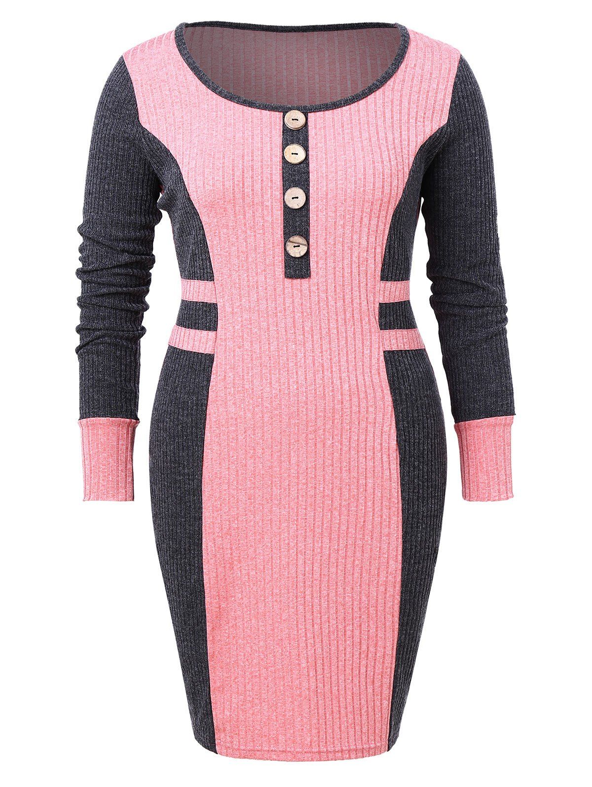 

Plus Size Ribbed Color Block Bodycon Dress, Pink