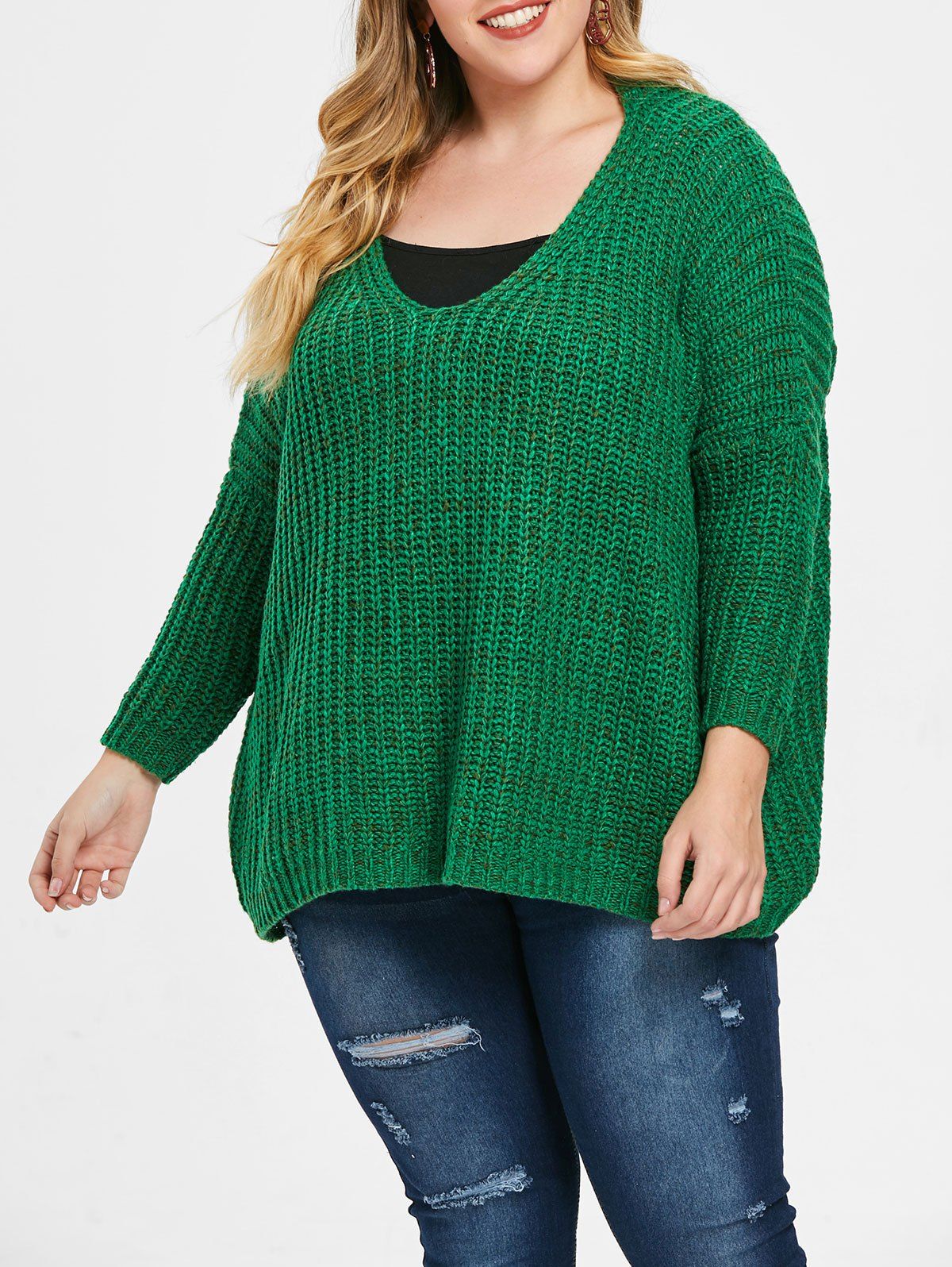 

V Neck Drop Shoulder Plus Size Pullover Sweater, Sea green