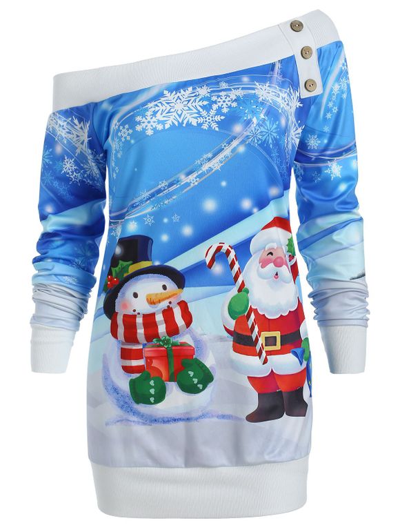 Sweat-shirt Père Noël Imprimé à Epaule Dénudée - Bleu Dodger 2XL