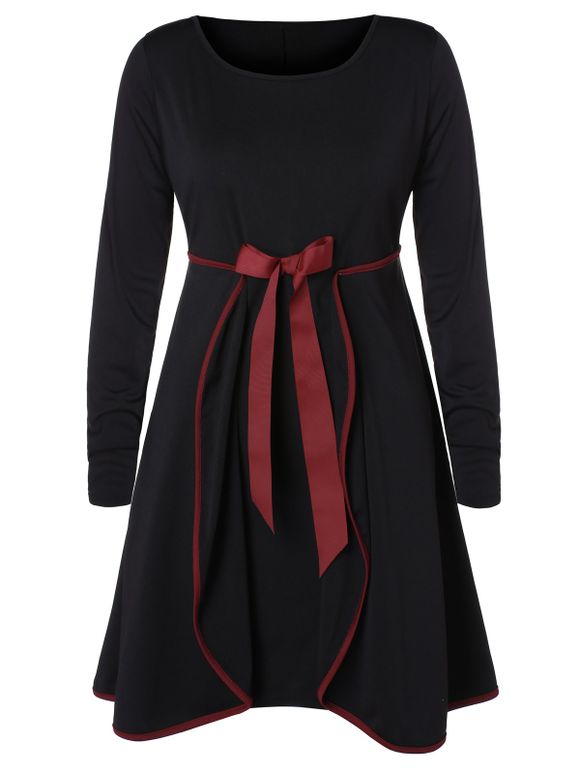 Mini Robe Superposée de Grande Taille avec Nœud Papillon - Noir L
