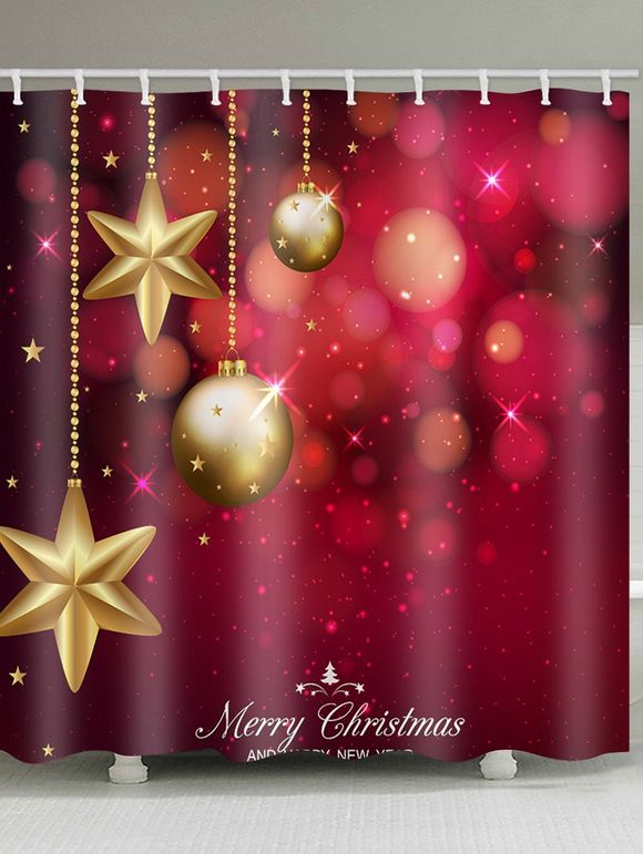 Rideau de Douche Imperméable Joyeux Noël Motif de Boule et d'Etoile - Rouge Vineux W59 X L71 INCH