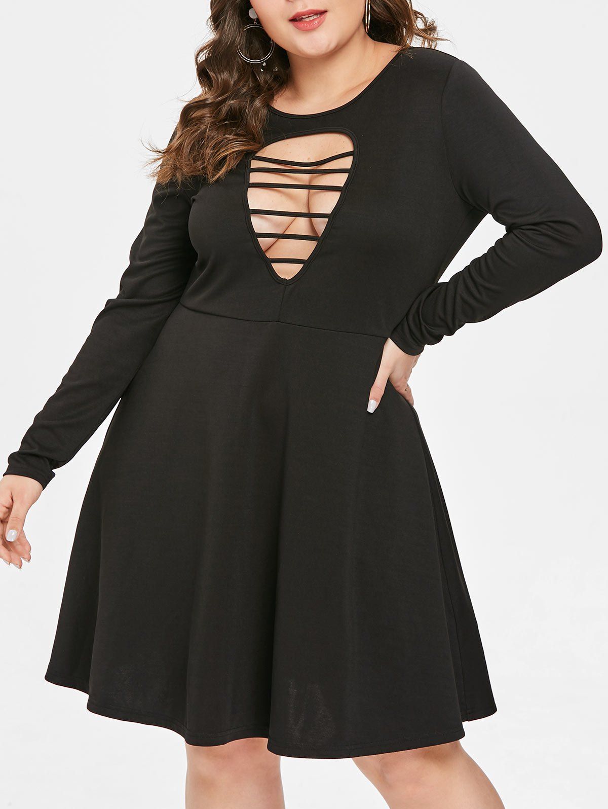 

Plus Size Long Sleeve Ladder Cut Out Dress, Black