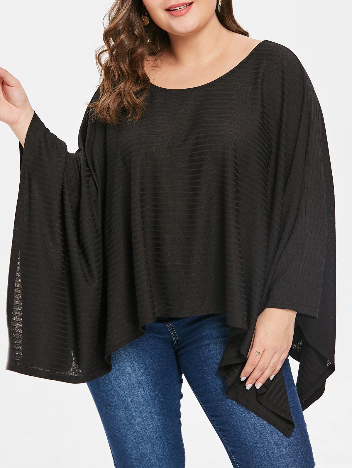 

Plus Size Round Neck Asymmetrical Hem T-shirt, Black