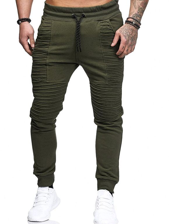 Pantalon de Jogging Décontracté Plissé Design en Toison - Vert Armée M