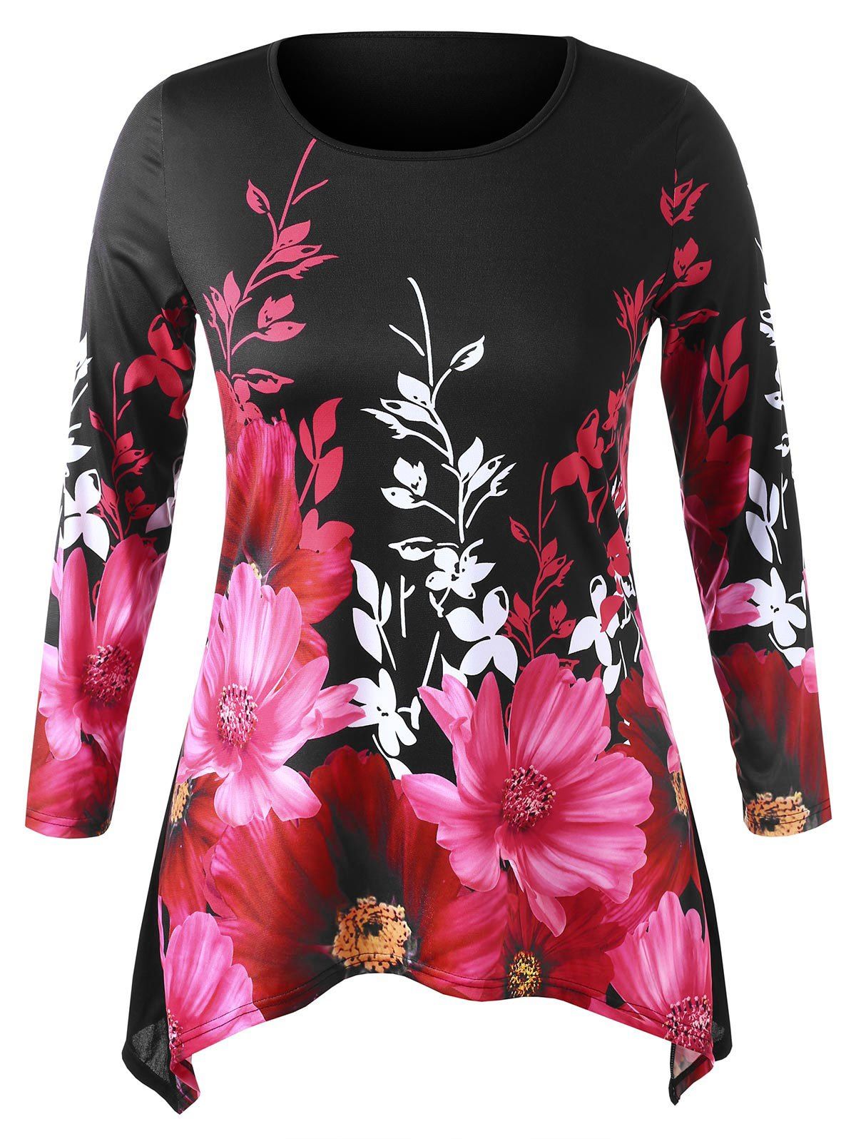 

Plus Size Floral Asymmetrical Tee, Black
