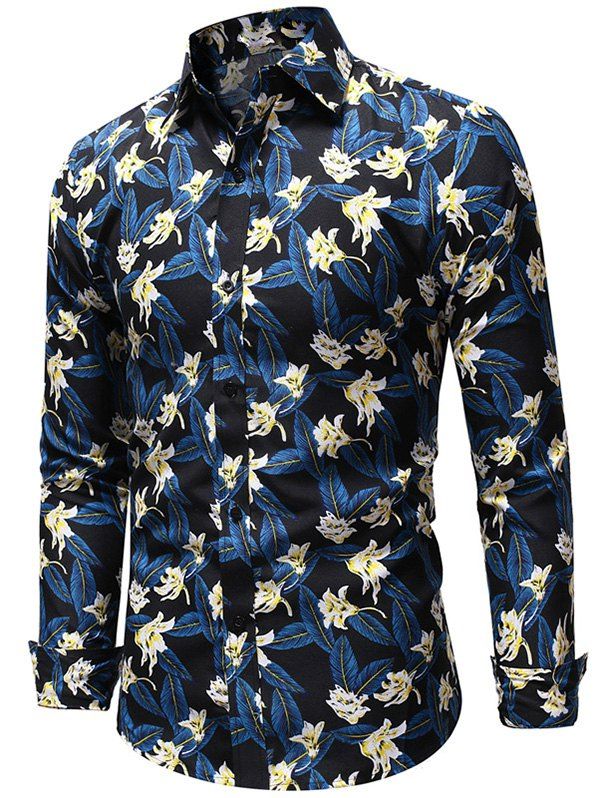 

Flowers Pattern Long Sleeves Casual Shirt, Ocean blue