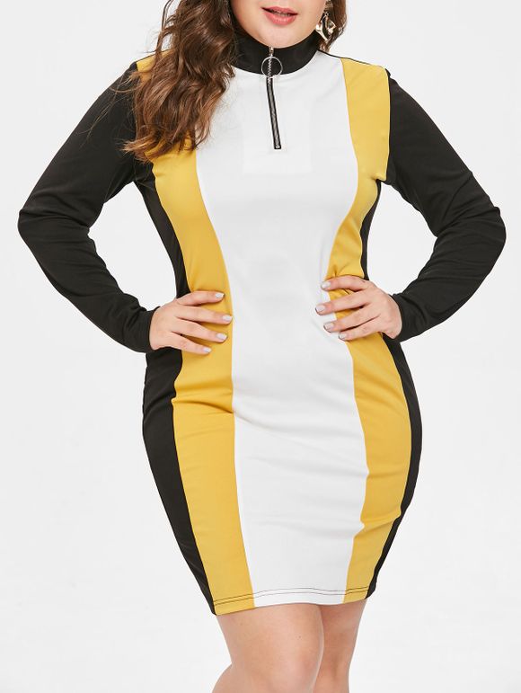 Robe Moulante en Blocs de Couleurs de Grande Taille à Demi-Zip - Jaune Clair 1X