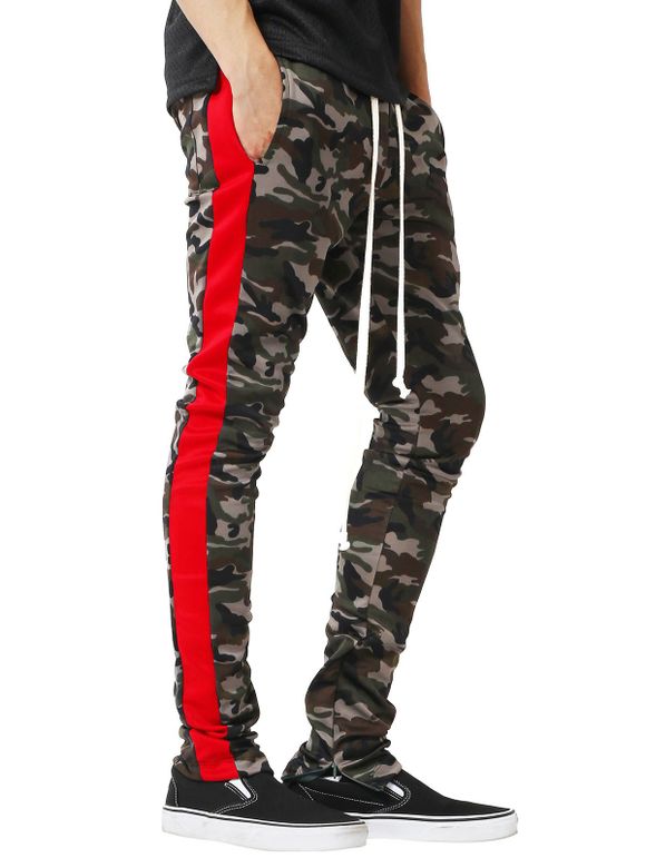 Pantalon Jogging avec Cordon de Serrage Rayures sur le Côté Motif Camouflage et avec Fermeture Éclair - Rouge L