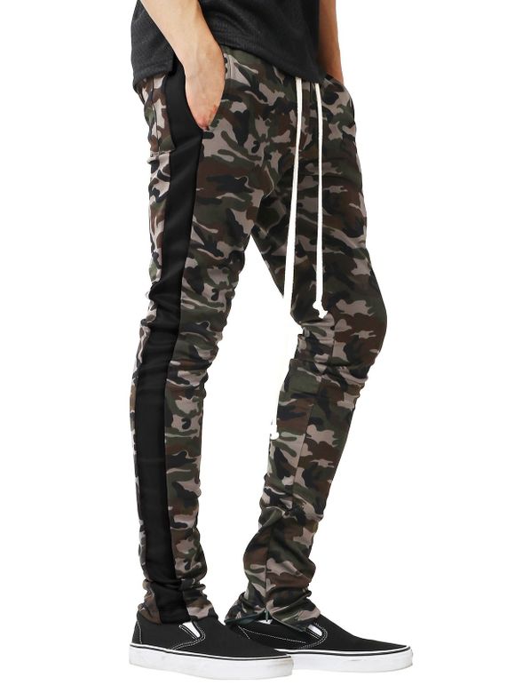 Pantalon Jogging avec Cordon de Serrage Rayures sur le Côté Motif Camouflage et avec Fermeture Éclair - Noir S