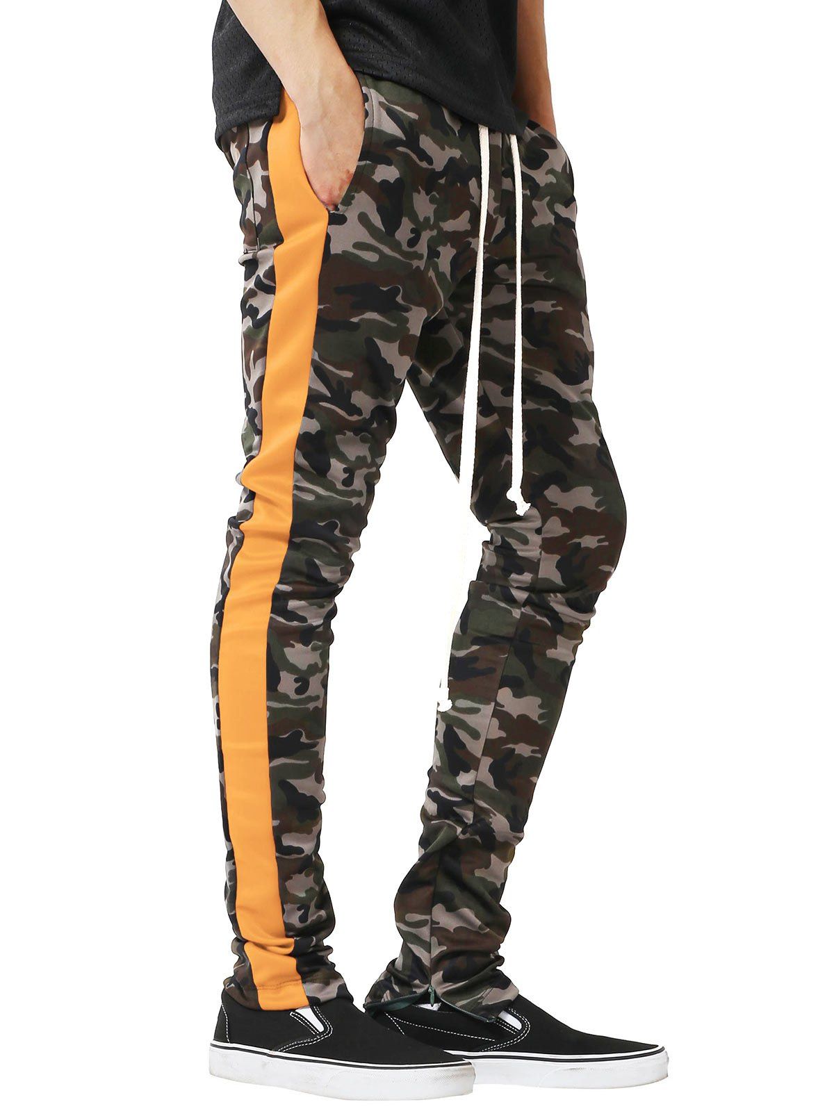 camo pants with orange stripe