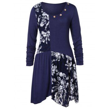

Plus Size Buttons Design Long Sleeves Flower Tee, Deep blue