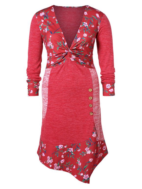 Robe de Grande Taille Boutonnée à Fleurs - Rouge 3X