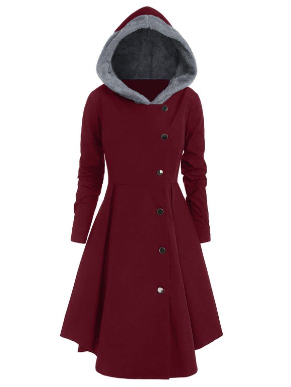 Manteau à Capuche Asymétrique Contrastée de Grande Taille - Rouge Vineux M