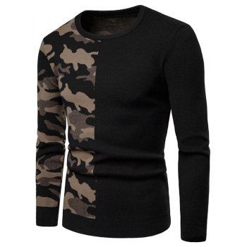 

Camouflage Pattern Contract Color Pullover Sweater, Light khaki