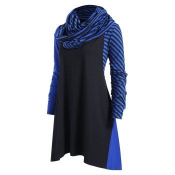 

Striped Panel Plus Size Asymmetrical Dress with Scarf, Black