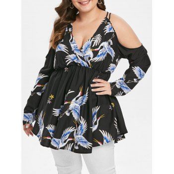 

Plus Size Crane Print Cold Shoulder Surplice Blouse, Black