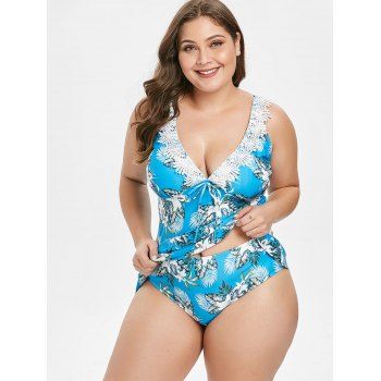 

Plus Size Floral Print Lace Panel Tankini Set, Crystal blue
