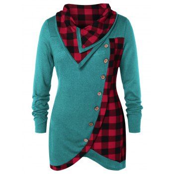 

Plus Size Skew Button Plaid Spliced T-shirt, Greenish blue
