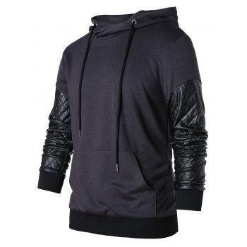 

PU Leather Panel Drawstring Hoodie, Light gray