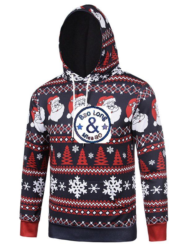 

Santa Claus Head Snowflake Christmas Tree Print Hoodie, Black