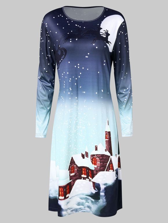 Robe de Noël Ligne A Lune Imprimée - Paon Bleu 2XL