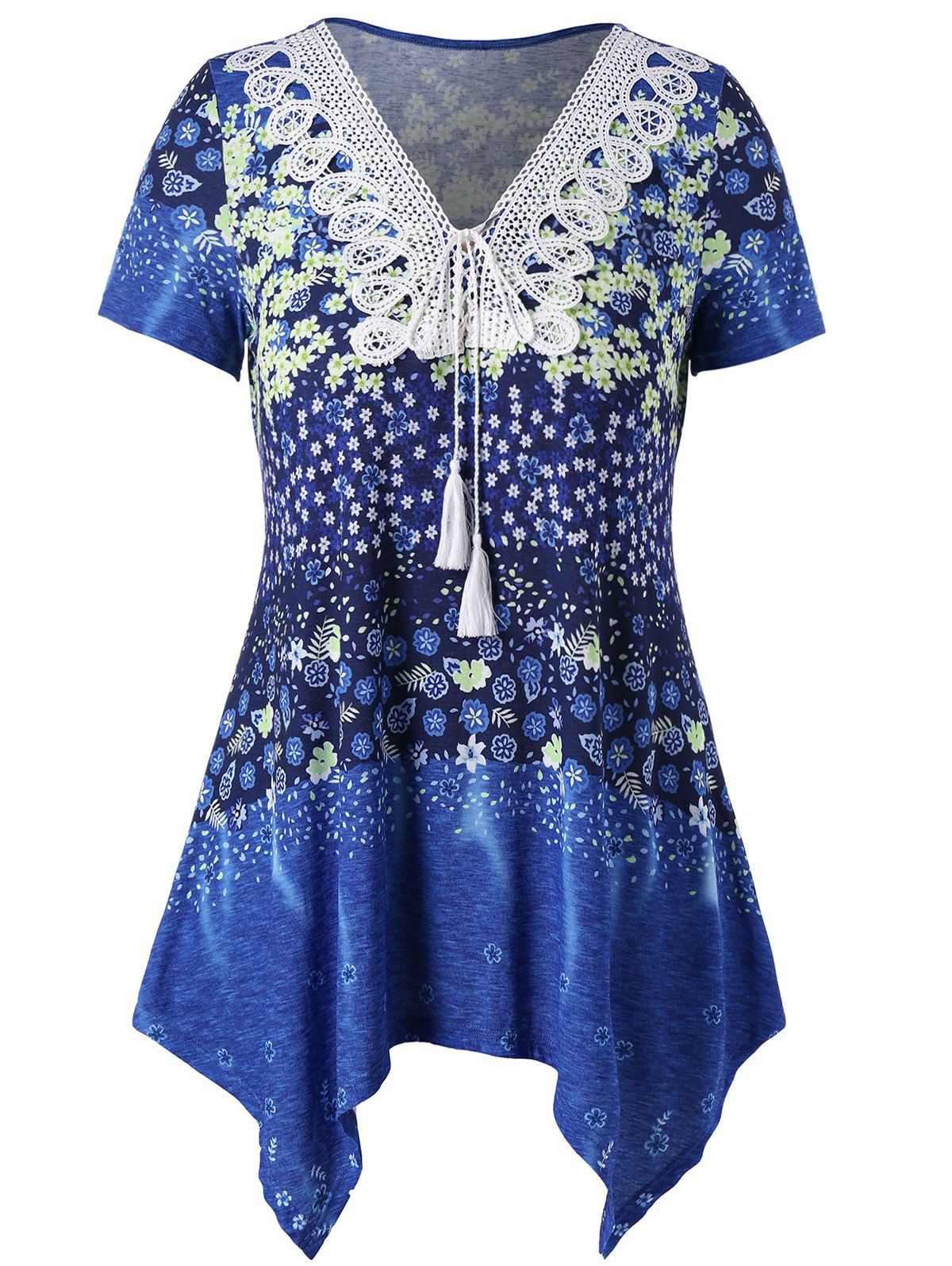 

Plus Size Tie Front Floral Handkerchief T-shirt, Blue