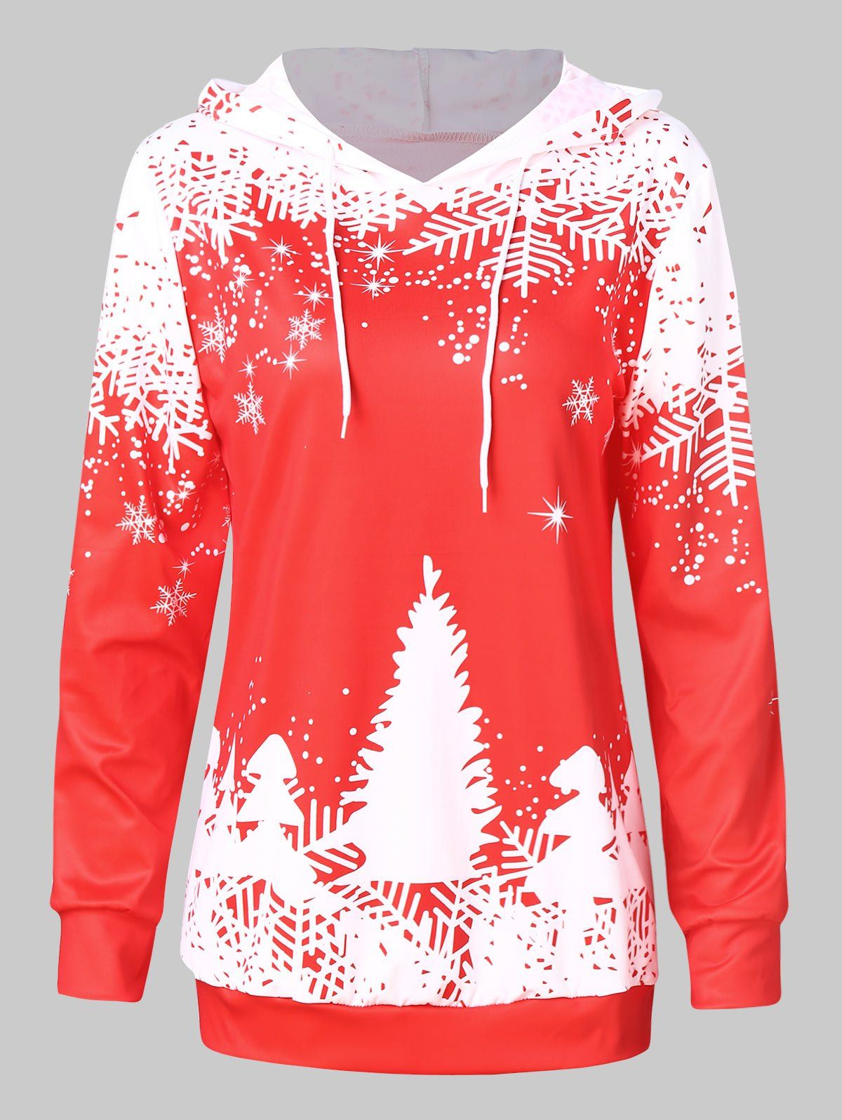 

Contrast Christmas Snowflake Print Drawstring Hoodie, Red