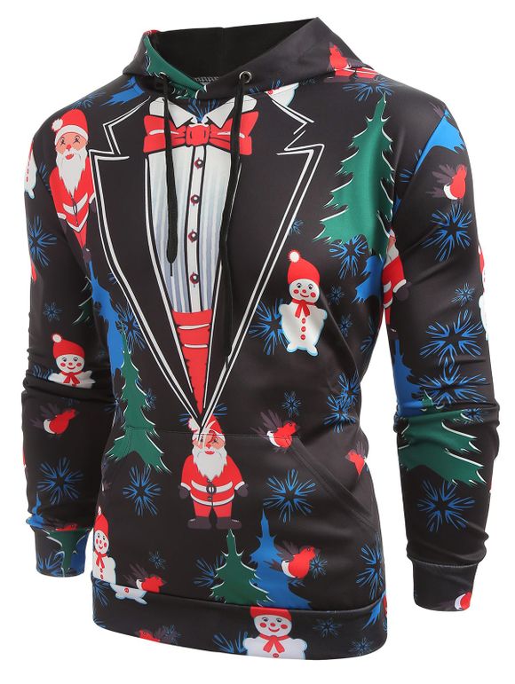 Sweat-Shirt à Capuche avec Cordon de Serrage et à Imprimé Père Noël et Sapin - Noir XL