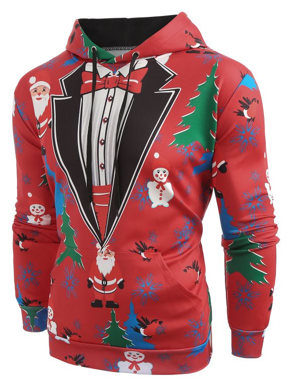 Sweat-Shirt à Capuche avec Cordon de Serrage et à Imprimé Père Noël et Sapin - Rouge XL