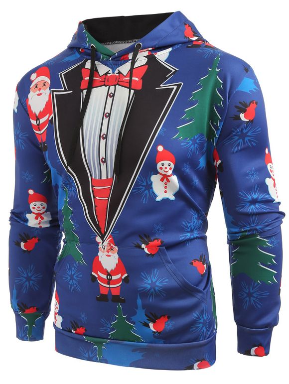 Sweat-Shirt à Capuche avec Cordon de Serrage et à Imprimé Père Noël et Sapin - Ardoise bleue 2XL