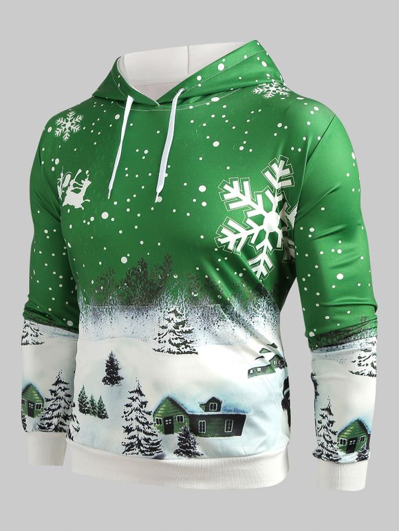 Sweat-Shirt à Capuche avec Cordon de Serrage et à Imprimé Bonhomme de Neige de Noël - Vert Algue XL