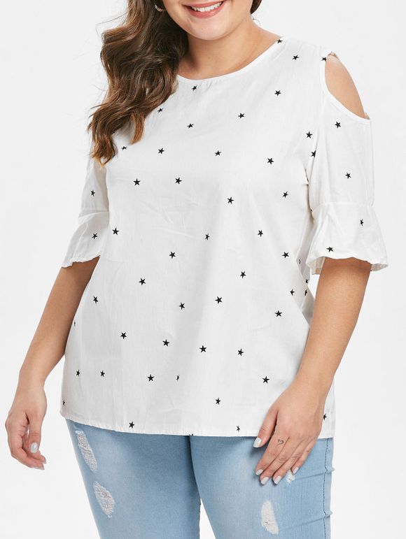 T-shirt Etoile Imprimé à Epaule Dénudée de Grande Taille - Blanc L
