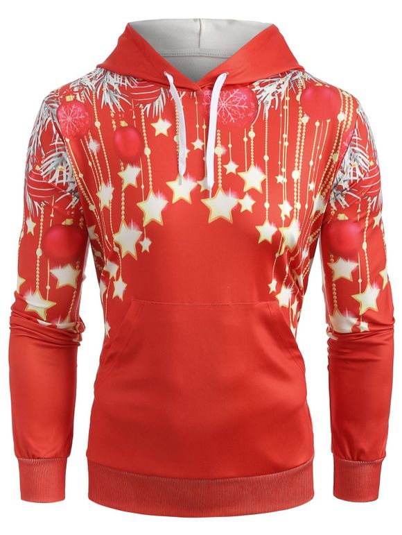 Sweat-Shirt à Capuche Pullover avec Imprimé Etoiles de Noël - Rouge XL