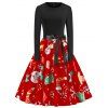 Robe de Noël Vintage Imprimée de Grande Taille à Manches Longues - Rouge 2X
