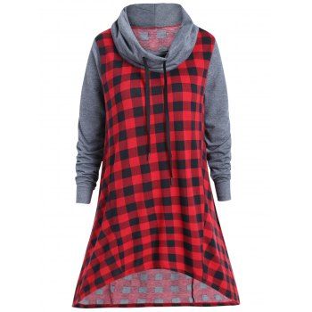 T-shirt Asymétrique Imprimé à Carreaux à Cordon