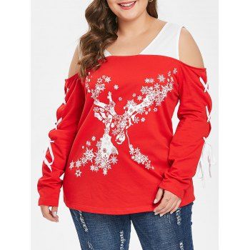 

Xmas Lace Up Open Shoulder Plus Size T-shirt, Red
