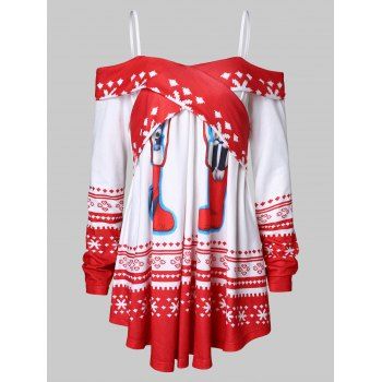 

Christmas Socks Snowflake Print Open Shoulder T-shirt, Lava red